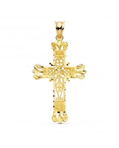 Cruz oro amarillo 18k filigrana bordes tallados 44x28mm