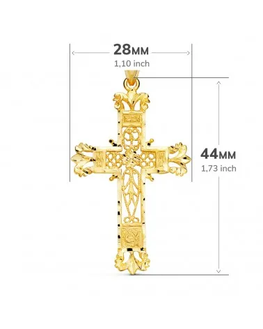 Cruz oro amarillo 18k filigrana bordes tallados 44x28mm