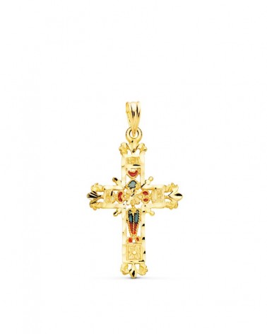 Cruz oro amarillo 18k vidriera catedral bordes tallados 30x20mm
