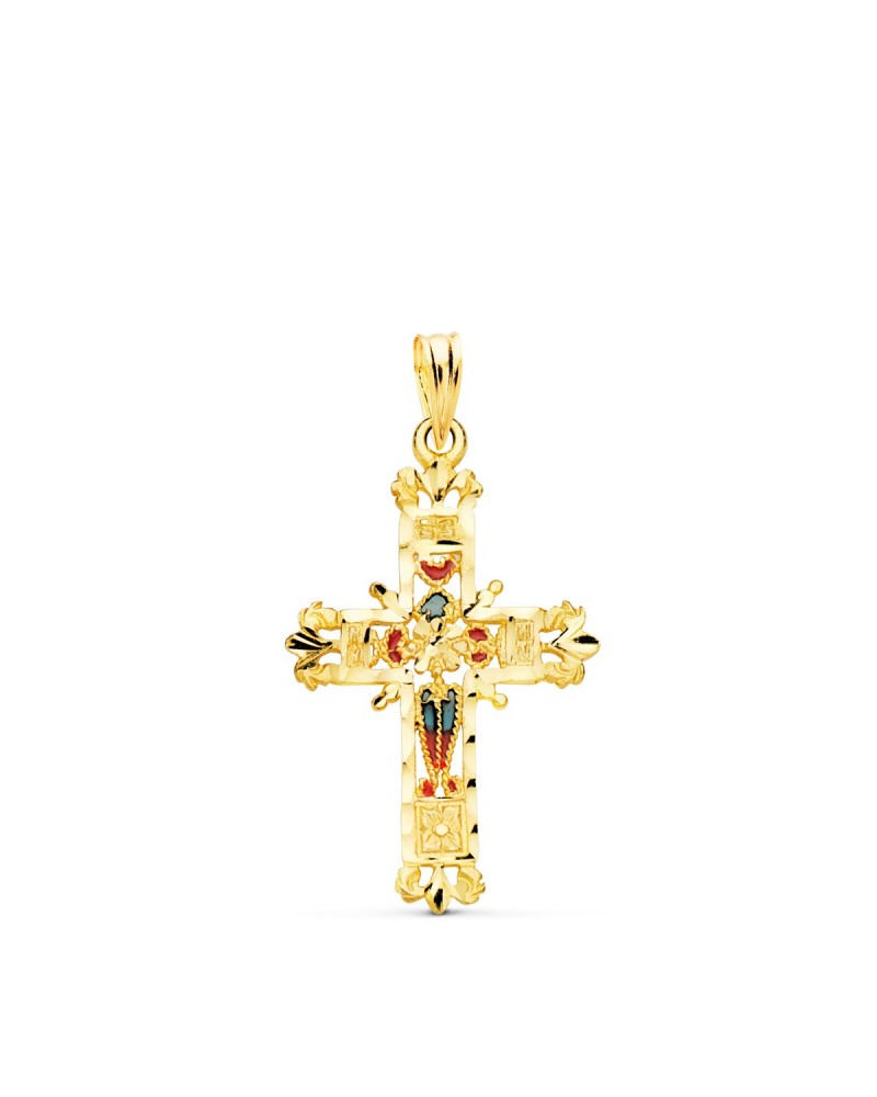 Cruz oro amarillo 18k vidriera catedral bordes tallados 30x20mm