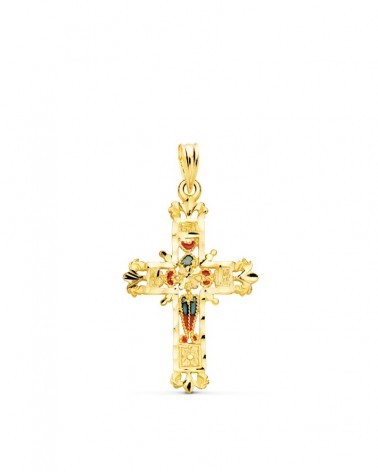 Cruz oro amarillo 18k vidriera catedral bordes tallados 30x20mm