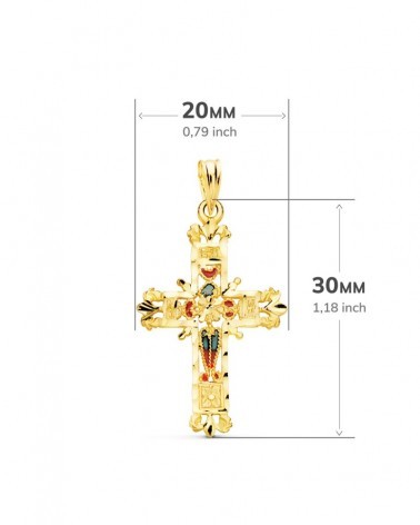Cruz oro amarillo 18k vidriera catedral bordes tallados 30x20mm