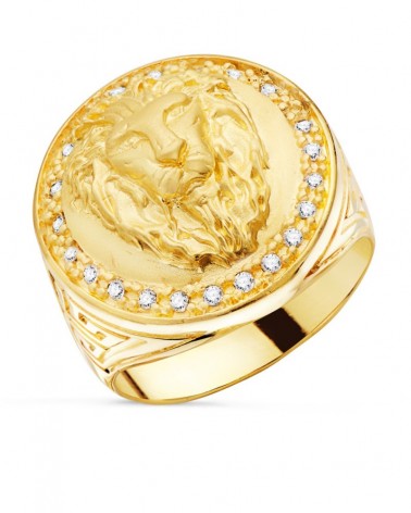 Sello oro 18k león circonitas greca 19mm
