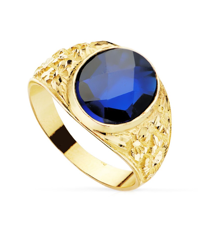 Sello oro 18k piedra azul tallado caballero 12x10mm