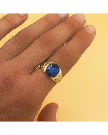 Sello oro 18k piedra azul tallado caballero 12x10mm