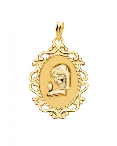 Medalla oro 18k Virgen Niña cerco calado 23x16mm