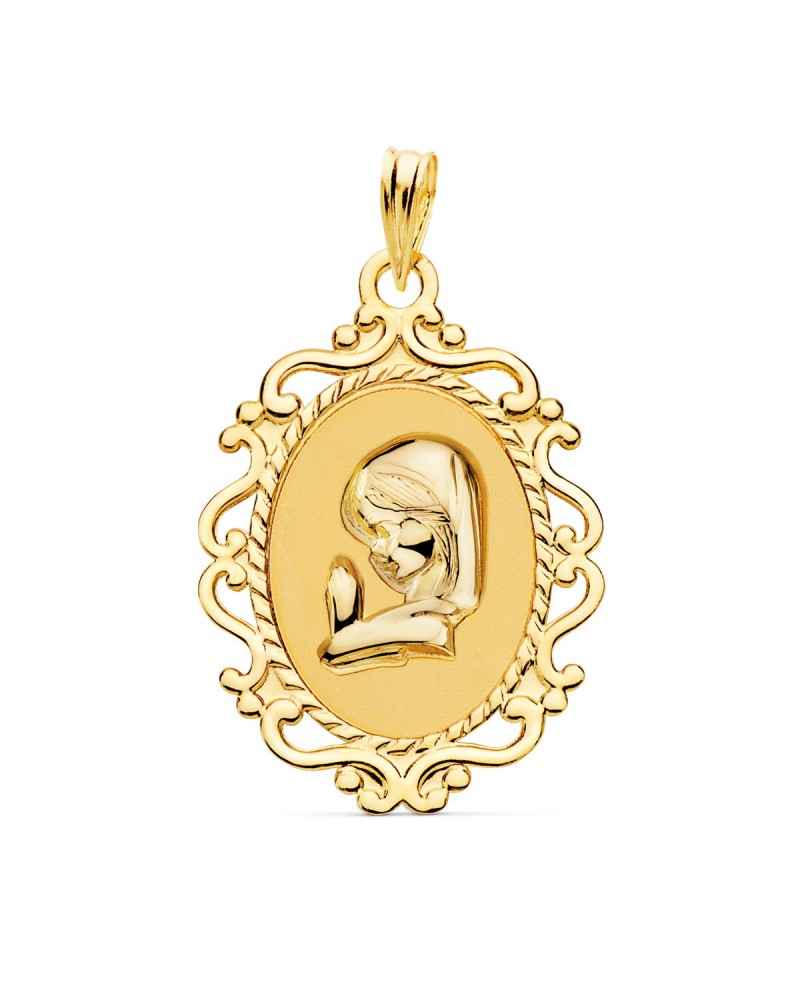 Medalla oro 18k Virgen Niña cerco calado 23x16mm