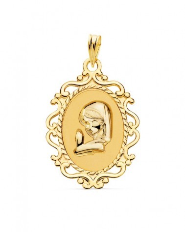 Medalla oro 18k Virgen Niña cerco calado 23x16mm