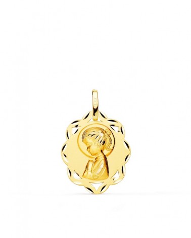 Medalla oro 18k Virgen Niña orla tallada 20x16 mm