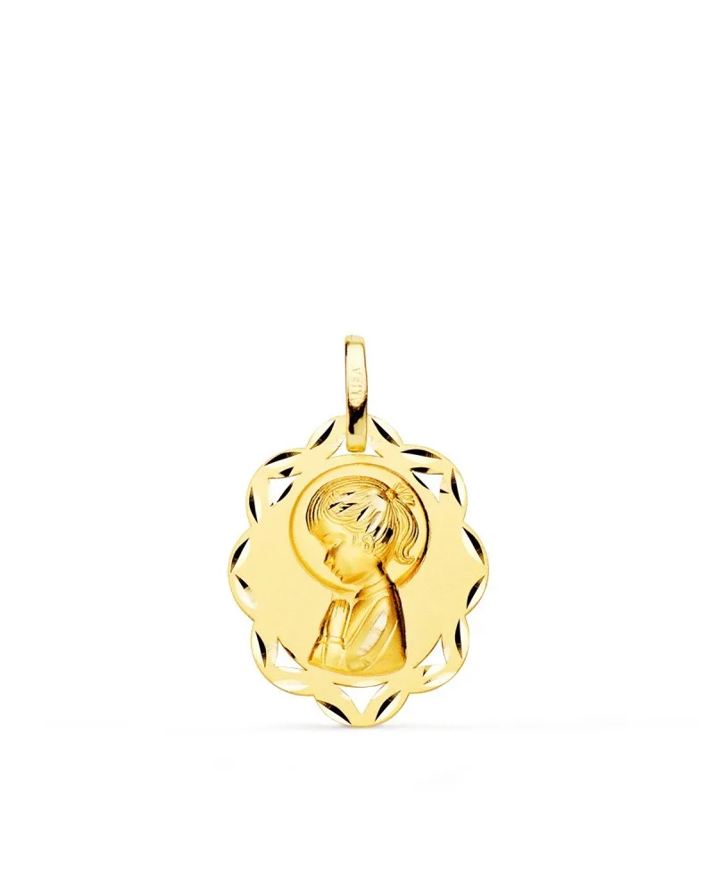 Medalla oro 18k Virgen Niña orla tallada 20x16 mm