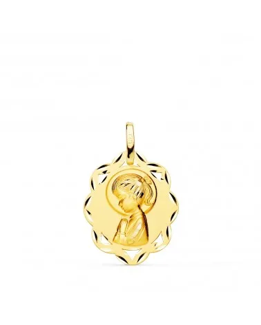 Medalla oro 18k Virgen Niña orla tallada 20x16 mm