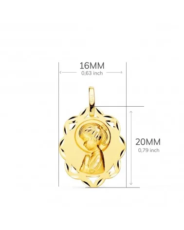 Medalla oro 18k Virgen Niña orla tallada 20x16 mm