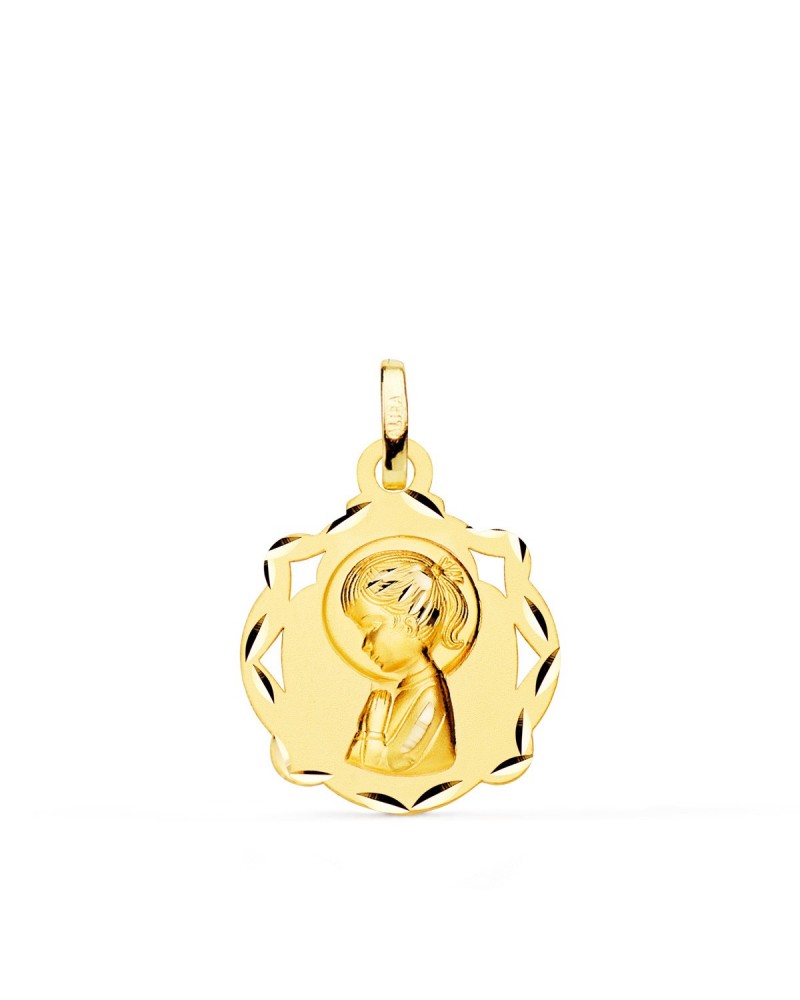 Medalla oro 18k Virgen Niña capilla matizada 17x14mm