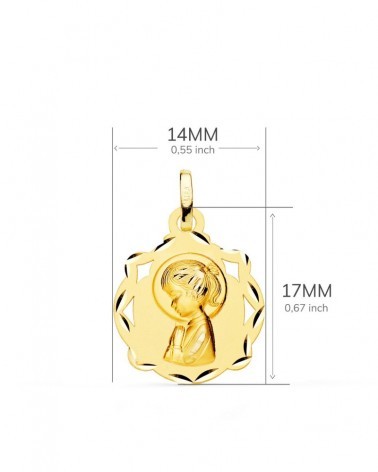 Medalla oro 18k Virgen Niña capilla matizada 17x14mm