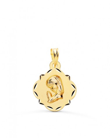 Medalla oro 18k Virgen Niña forma pandereta 19x16mm
