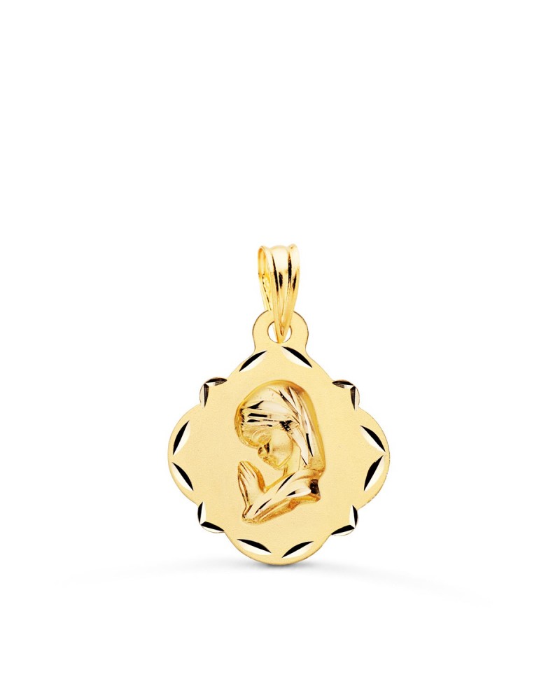 Medalla oro 18k Virgen Niña forma pandereta 19x16mm