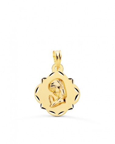 Medalla oro 18k Virgen Niña forma pandereta 19x16mm