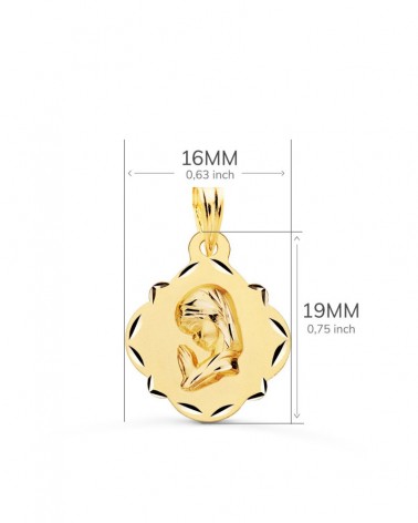 Medalla oro 18k Virgen Niña forma pandereta 19x16mm