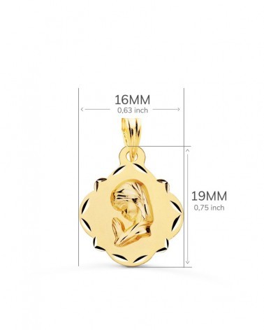 Medalla oro 18k Virgen Niña forma pandereta 19x16mm
