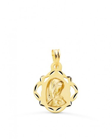 Medalla oro 18k Virgen niña pandereta calada 19x16mm