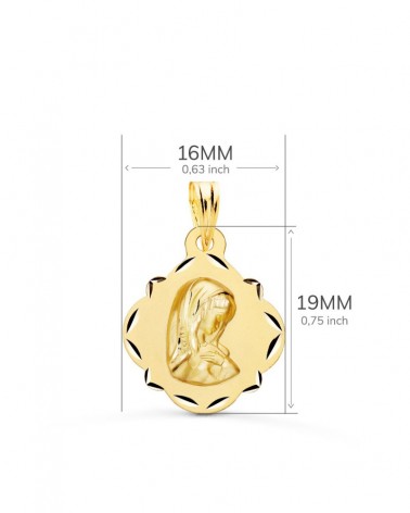 Medalla oro 18k Virgen niña pandereta calada 19x16mm