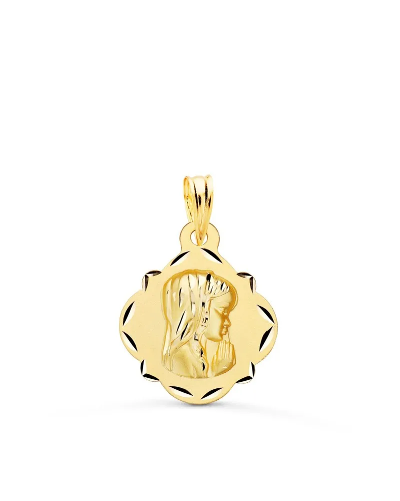 Medalla oro 18k Virgen Niña forma pandereta 19x16 mm