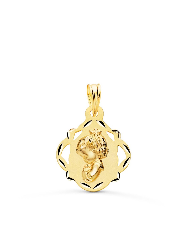 Medalla oro 18k Virgen Niña orla calada 19x16mm