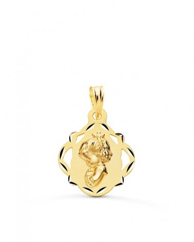 Medalla oro 18k Virgen Niña orla calada 19x16mm