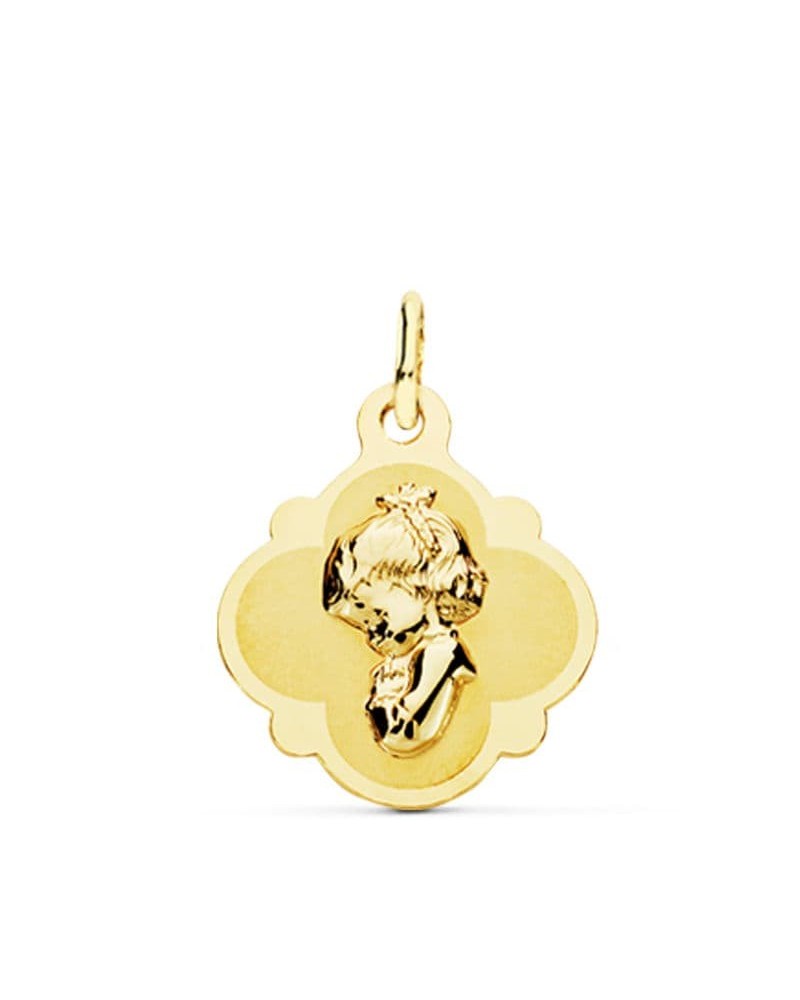 Medalla oro 18k Virgen niña forma trébol 19x16mm