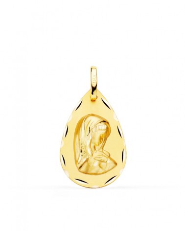 Medalla oro 18k Virgen Niña gota tallada 23x15mm