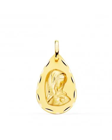 Medalla oro 18k Virgen Niña gota tallada 23x15mm