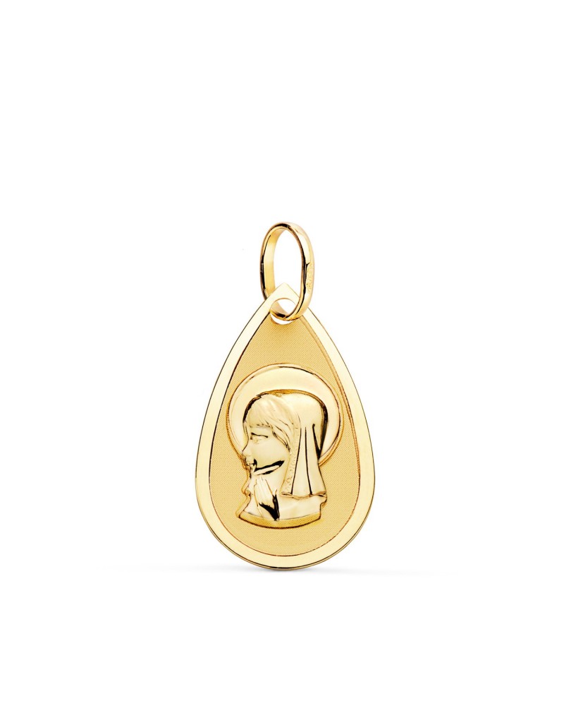 Medalla oro 18k Virgen María niña forma gota 19x11mm