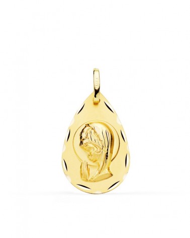 Medalla oro 18k Virgen Niña lágrima tallada 19x11mm