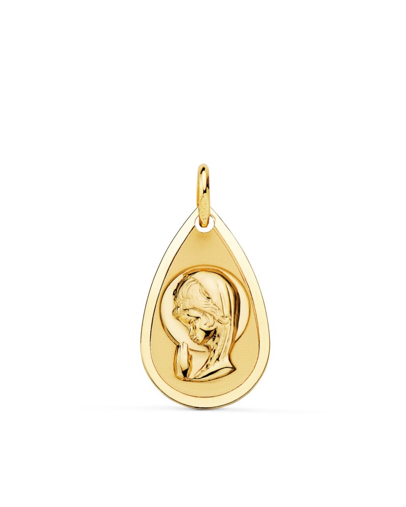 Medalla oro 18k Virgen María Niña forma gota 19x11mm
