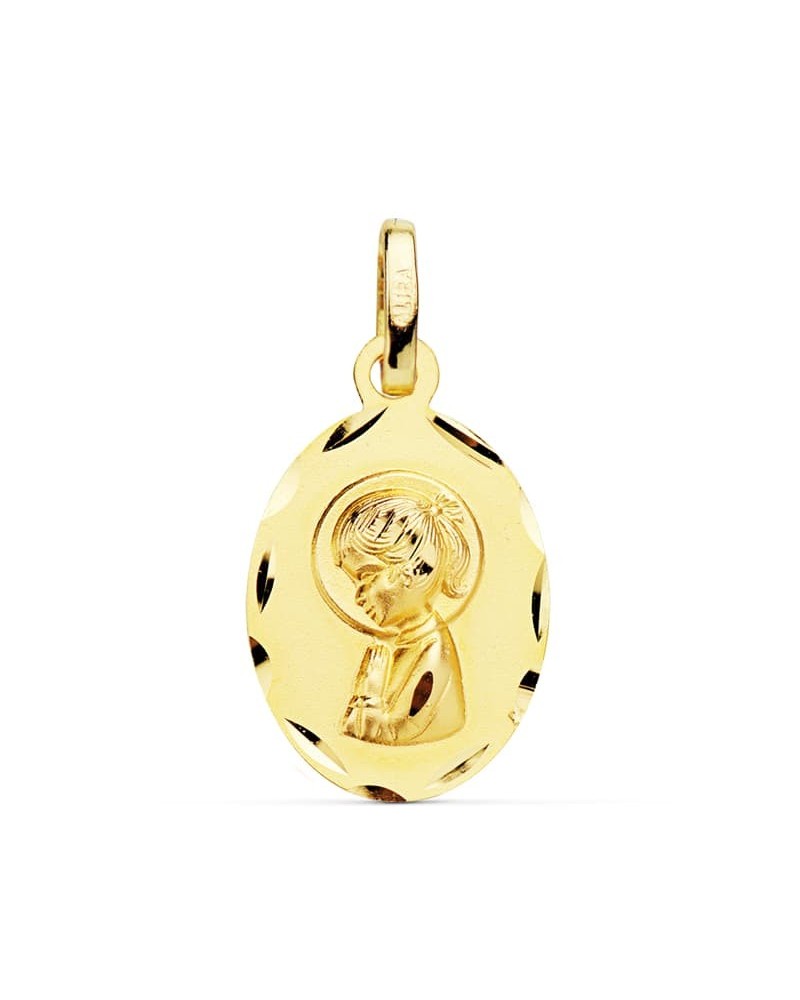 Medalla oro 18k Virgen Niña oval tallada 19x12mm