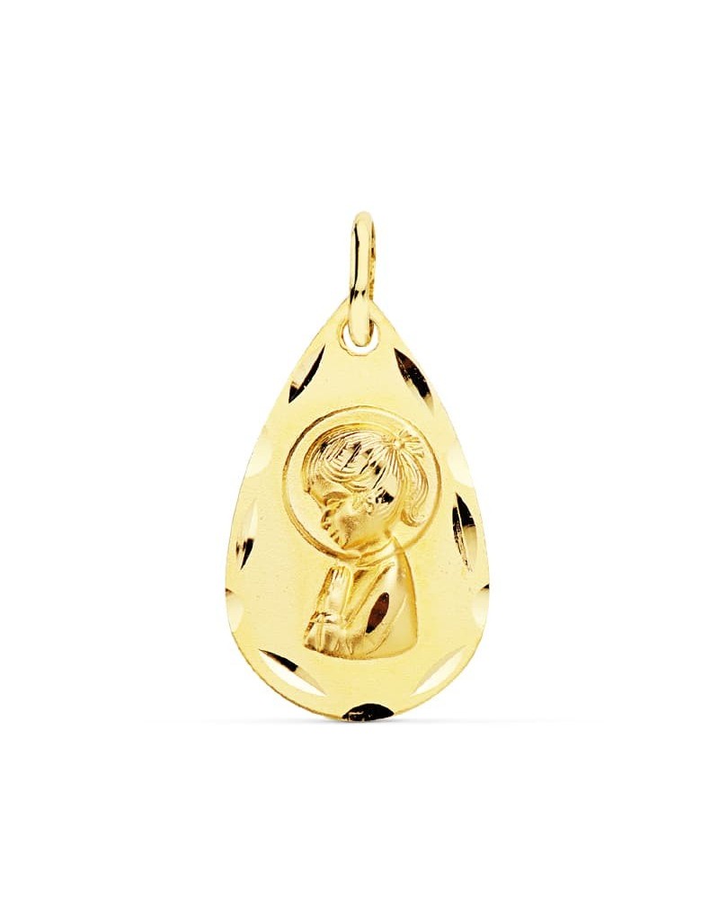 Medalla oro 18k Virgen Niña lágrima 19x11 mm