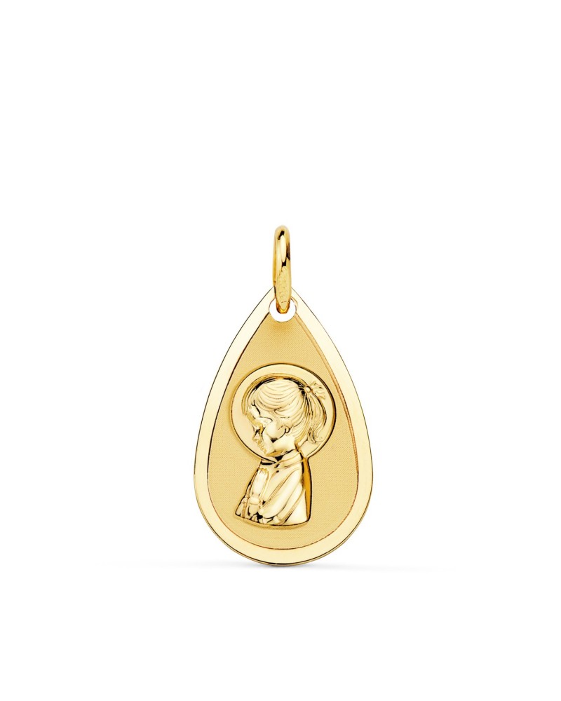 Medalla oro 18k Virgen María niña gota 19x11 mm