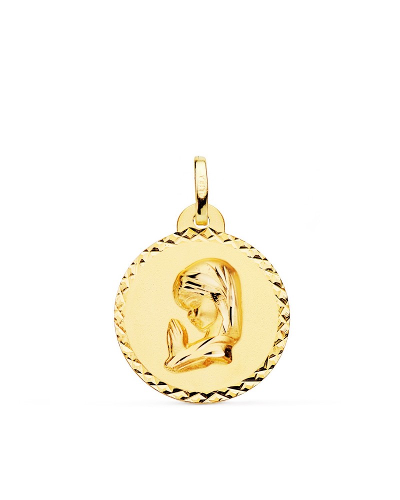 Medalla oro 18k Virgen niña talla cruzada 20mm