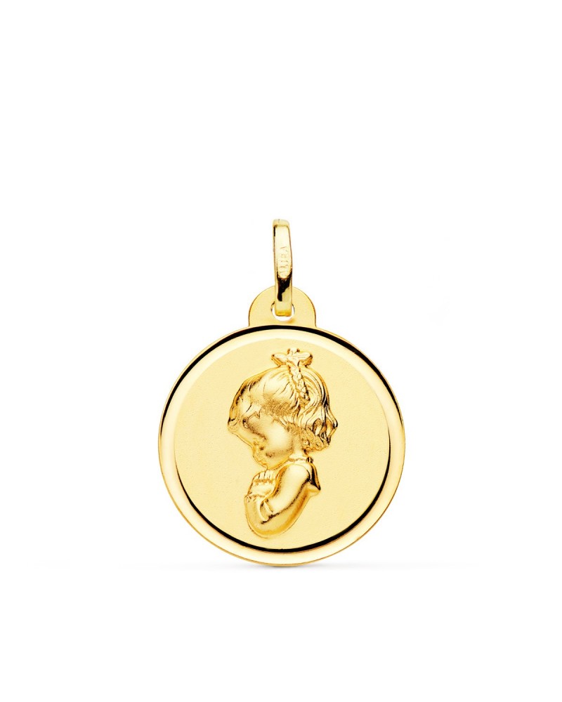 Medalla oro 18k Virgen niña rezando bisel 16mm