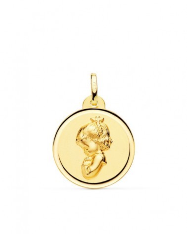 Medalla oro 18k Virgen niña rezando bisel 16mm
