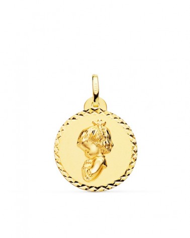 Medalla oro 18k Virgen niña rezando talla cruzada 20mm