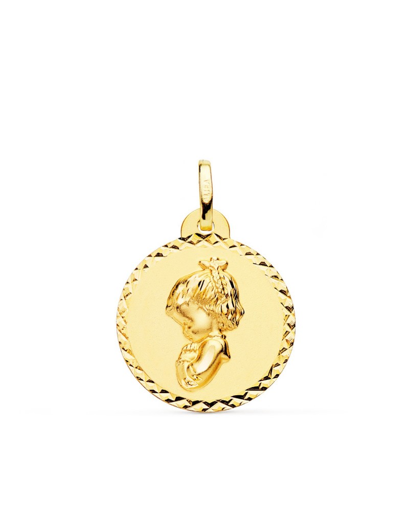 Medalla oro 18k Virgen niña rezando talla cruzada 20mm