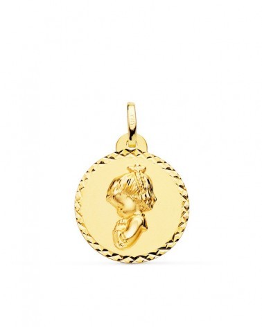 Medalla oro 18k Virgen niña rezando talla cruzada 20mm