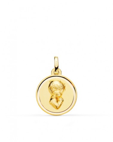 Medalla oro 18k niño comunión relieve bisel 16mm