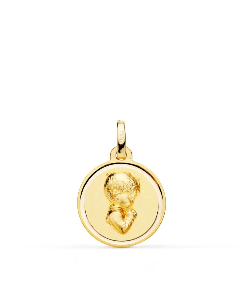 Medalla oro 18k niño comunión relieve bisel 16mm