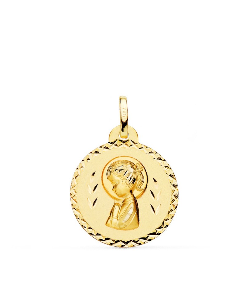 Medalla oro 18k Virgen niña talla cruzada 20mm