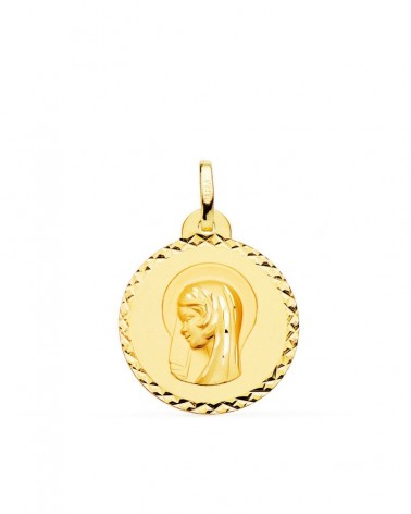 Medalla oro 18k Virgen María talla cruzada 22mm