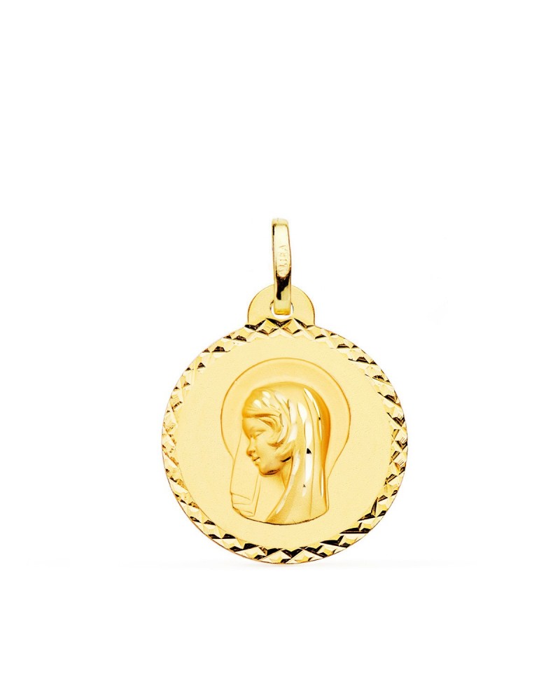 Medalla oro 18k Virgen María talla cruzada 22mm