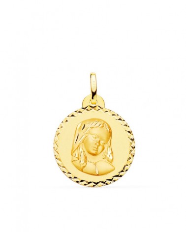 Medalla oro 18k Virgen María talla cruzada 20 mm