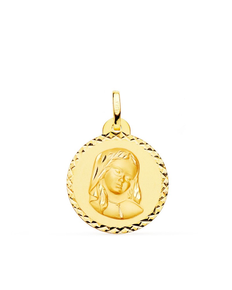 Medalla oro 18k Virgen María talla cruzada 20 mm